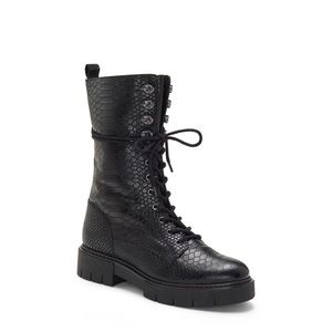 Vince Camuto Magjen Leather Combat Boots Black Croc Lace up sz 7